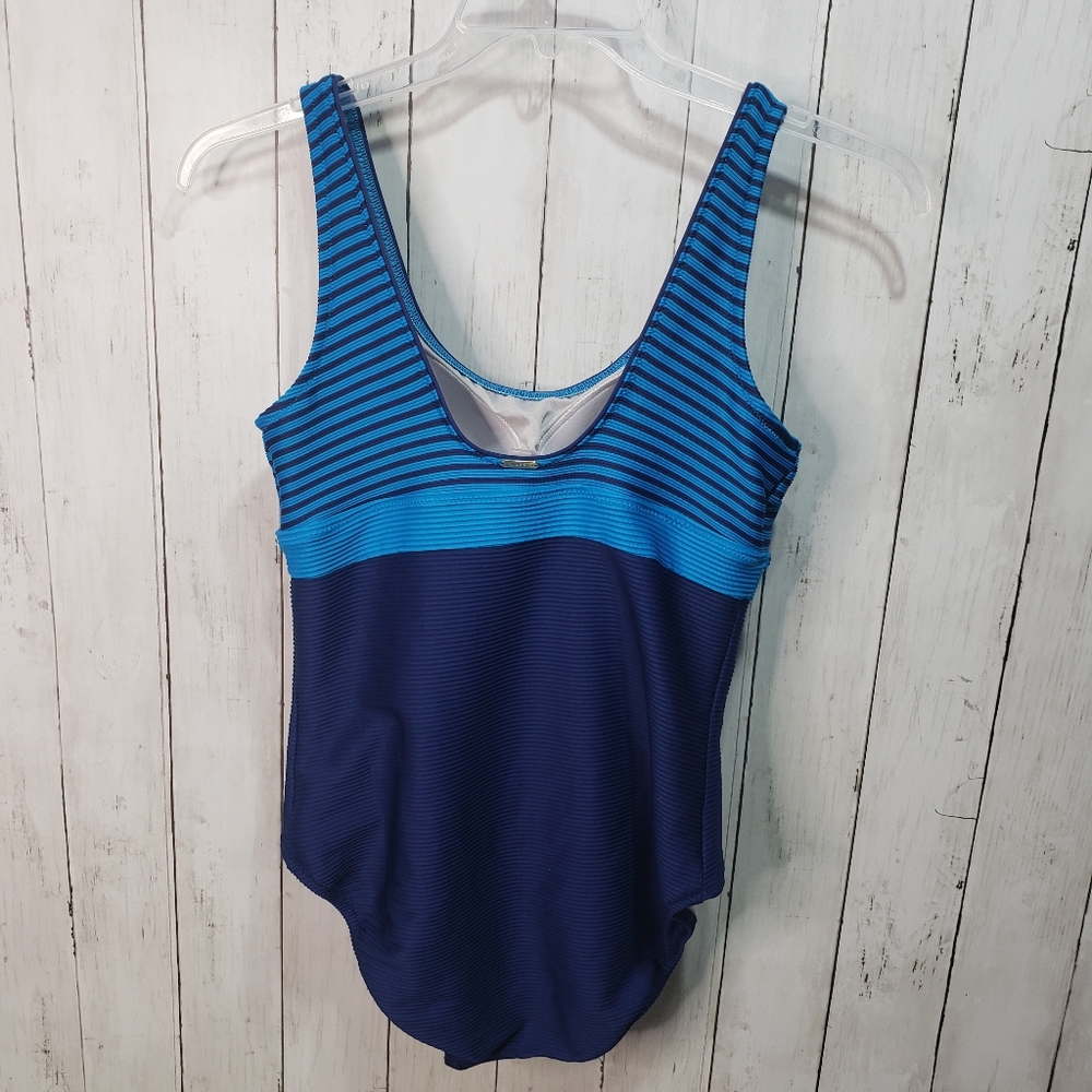 Lands End Women's Blue Two Tone Striped Swimsuit - Picture 4 of 8